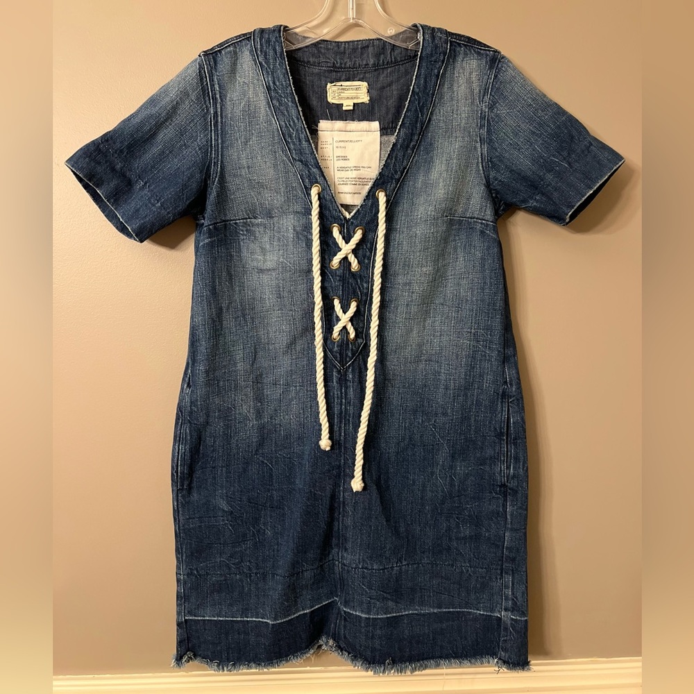 Current/Elliott Blue Lace-Up Denim Dress w/ Pockets Sz Large - Picture 2 of 8